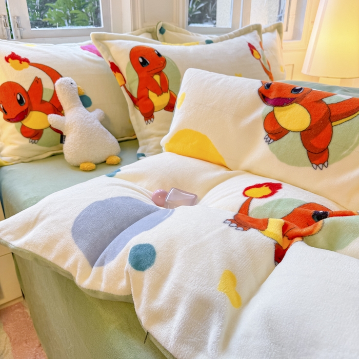 91家纺网 家纺一手货源 找家纺 徕米家居 2025新款双面牛奶绒卡通印花四件套 小火龙