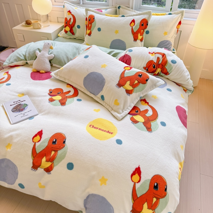 91家纺网 家纺一手货源 找家纺 徕米家居 2025新款双面牛奶绒卡通印花四件套 小火龙