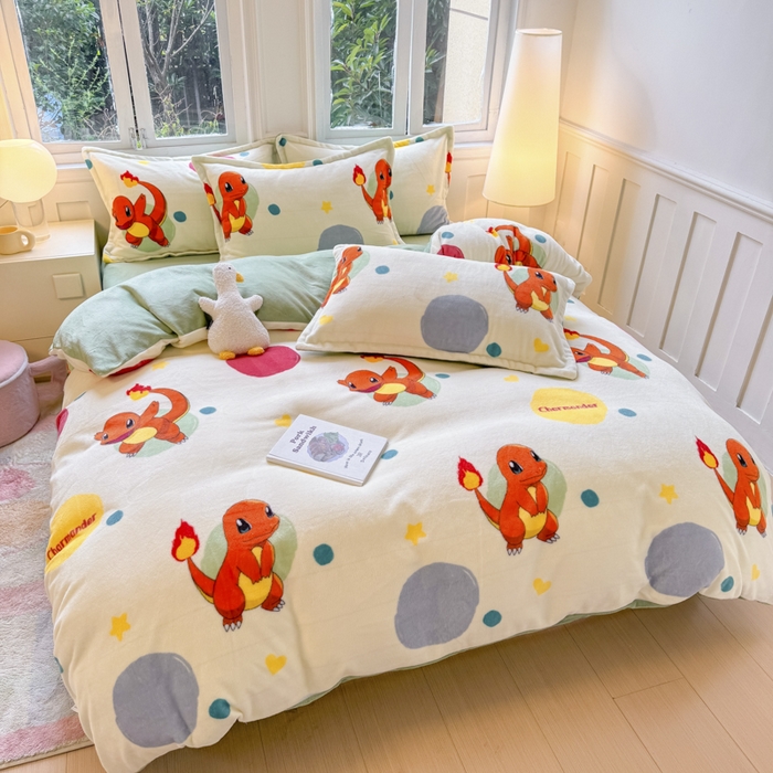 91家纺网 家纺一手货源 找家纺 徕米家居 2025新款双面牛奶绒卡通印花四件套 小火龙