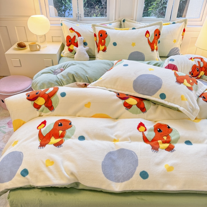 91家纺网 家纺一手货源 找家纺 徕米家居 2025新款双面牛奶绒卡通印花四件套 小火龙