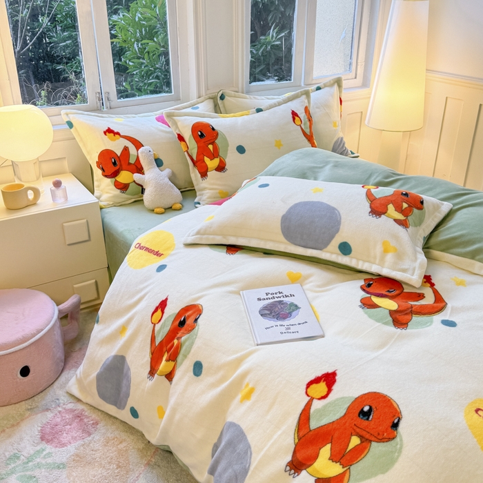 91家纺网 家纺一手货源 找家纺 徕米家居 2025新款双面牛奶绒卡通印花四件套 小火龙