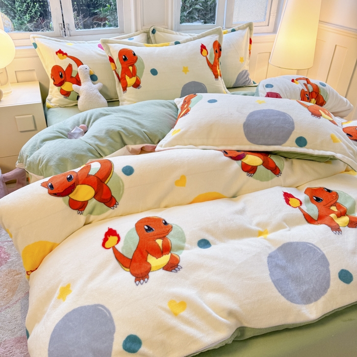 91家纺网 家纺一手货源 找家纺 徕米家居 2025新款双面牛奶绒卡通印花四件套 小火龙