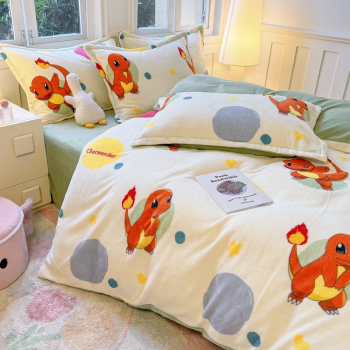 91家纺网 家纺一手货源 找家纺 徕米家居 2025新款双面牛奶绒卡通印花四件套 小火龙