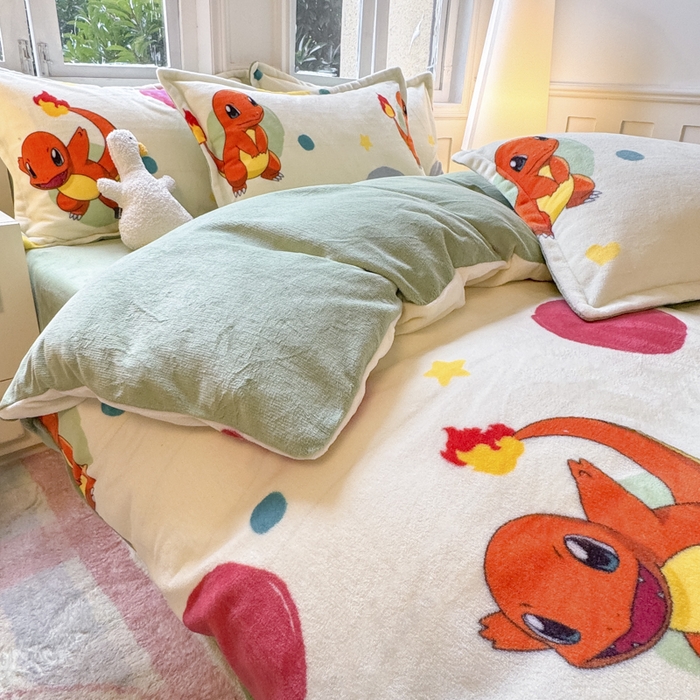 91家纺网 家纺一手货源 找家纺 徕米家居 2025新款双面牛奶绒卡通印花四件套 小火龙