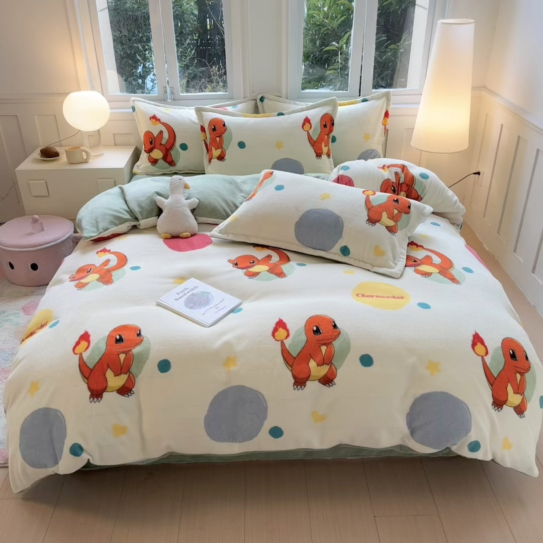 91家纺网 家纺一手货源 找家纺 徕米家居 2025新款双面牛奶绒卡通印花四件套 小火龙