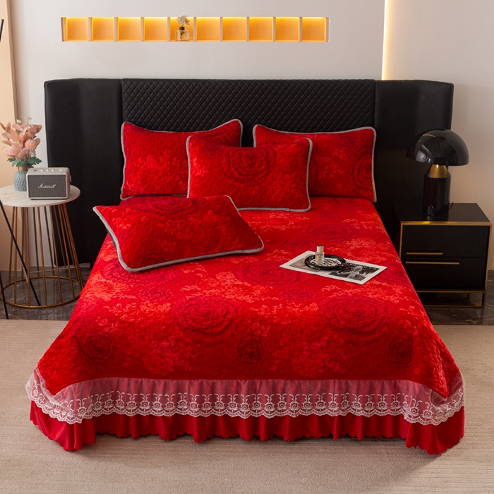 91家纺网 家纺一手货源 找家纺 （总）梓依家纺 2025新款牛奶绒单床裙款蕾丝床盖三件套四件套