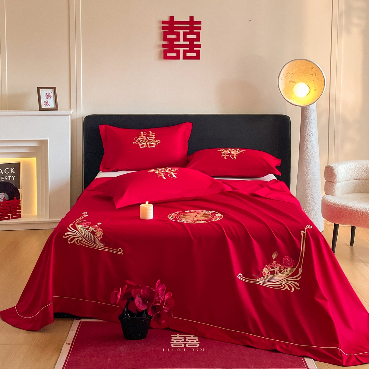 91家纺网 家纺一手货源 找家纺 （总）玉雅家纺 2025新款100支长绒棉刺绣婚庆床单单件绣花三件套