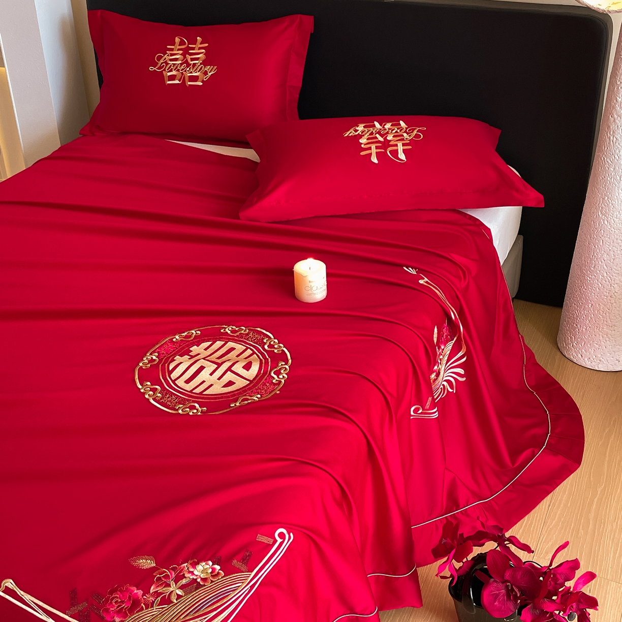 91家纺网 家纺一手货源 找家纺 （总）玉雅家纺 2025新款100支长绒棉刺绣婚庆床单单件绣花三件套