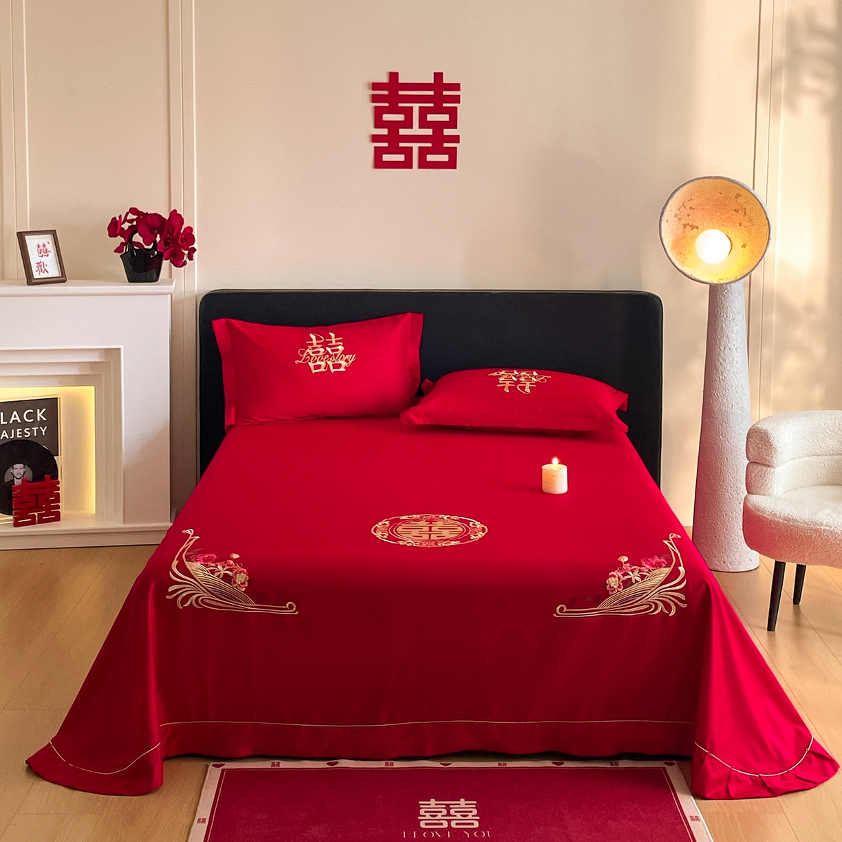 91家纺网 家纺一手货源 找家纺 （总）玉雅家纺 2025新款100支长绒棉刺绣婚庆床单单件绣花三件套