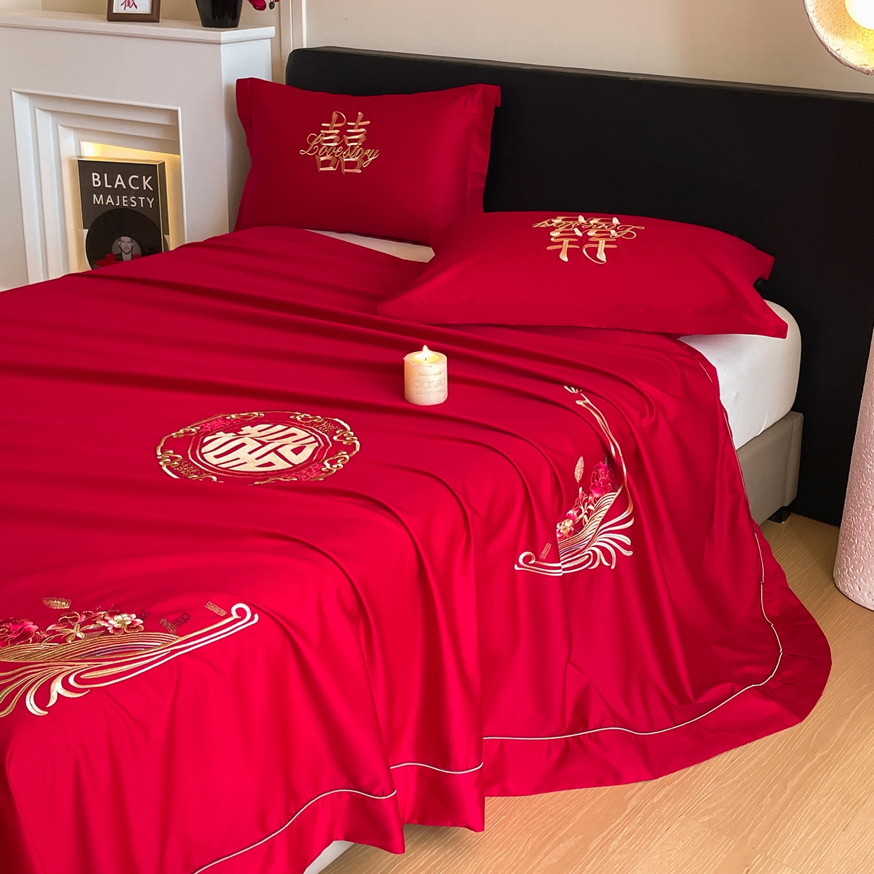 91家纺网 家纺一手货源 找家纺 （总）玉雅家纺 2025新款100支长绒棉刺绣婚庆床单单件绣花三件套