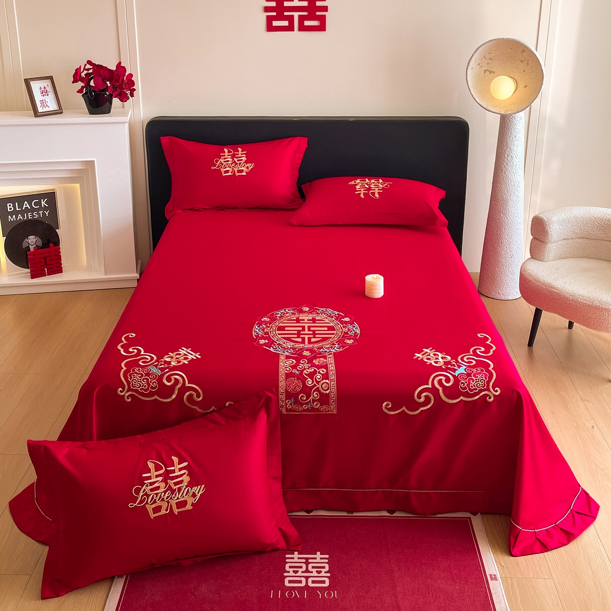 91家纺网 家纺一手货源 找家纺 （总）玉雅家纺 2025新款100支长绒棉刺绣婚庆床单单件绣花三件套