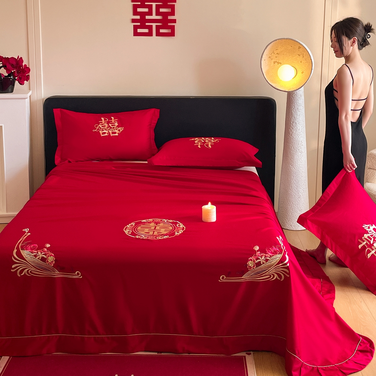 91家纺网 家纺一手货源 找家纺 （总）玉雅家纺 2025新款100支长绒棉刺绣婚庆床单单件绣花三件套