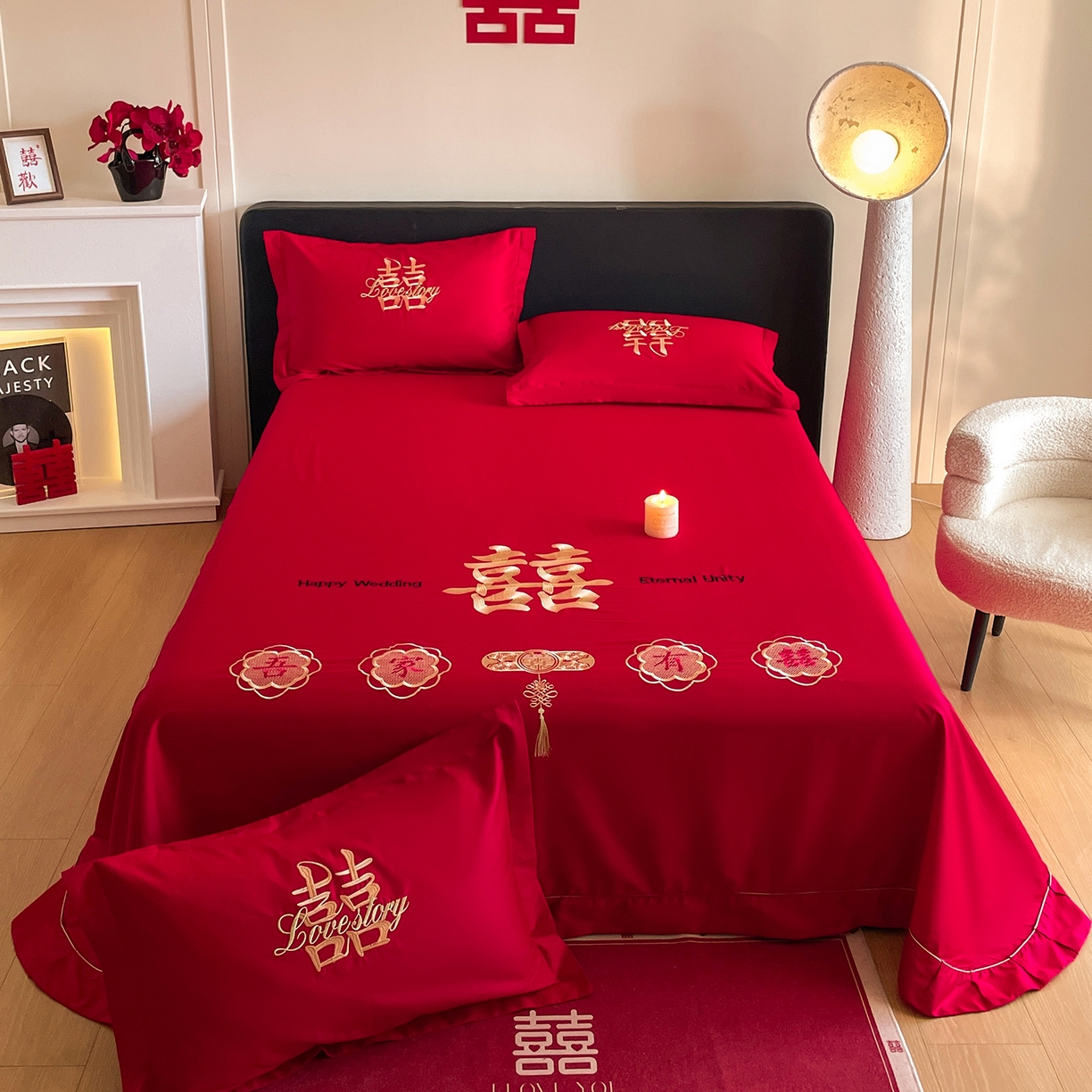 玉雅家纺 2025新款100支长绒棉刺绣婚庆床单单件绣花三件套 长绒棉床单-喜上加喜