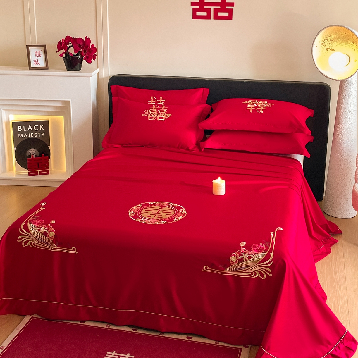 91家纺网 家纺一手货源 找家纺 玉雅家纺 2025新款100支长绒棉刺绣婚庆床单单件绣花三件套 长绒棉床单-情定