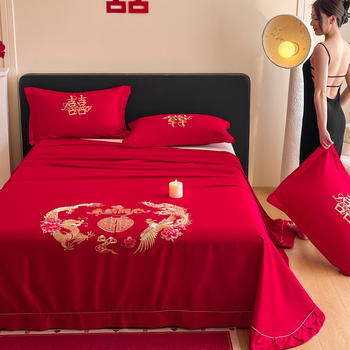 91家纺网 家纺一手货源 找家纺 玉雅家纺 2025新款100支长绒棉刺绣婚庆床单单件绣花三件套 长绒棉床单-永结同心