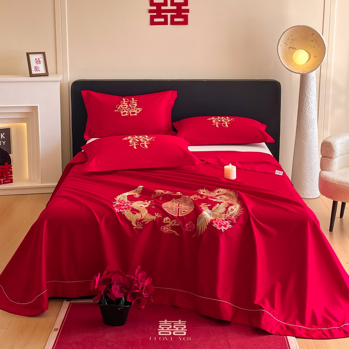 91家纺网 家纺一手货源 找家纺 玉雅家纺 2025新款100支长绒棉刺绣婚庆床单单件绣花三件套 长绒棉床单-永结同心