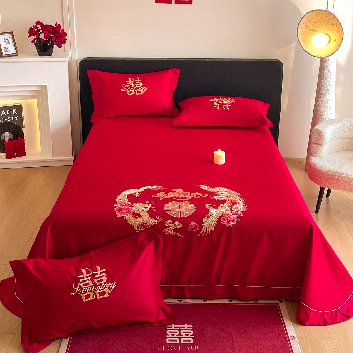 玉雅家纺 2025新款100支长绒棉刺绣婚庆床单单件绣花三件套 长绒棉床单-永结同心