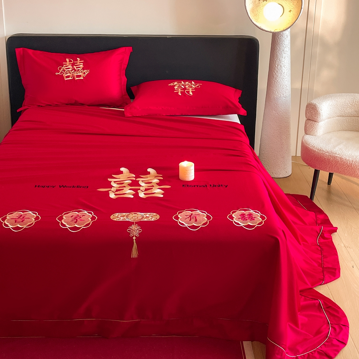 91家纺网 家纺一手货源 找家纺 玉雅家纺 2025新款100支长绒棉刺绣婚庆床单单件绣花三件套 长绒棉床单-喜上加喜