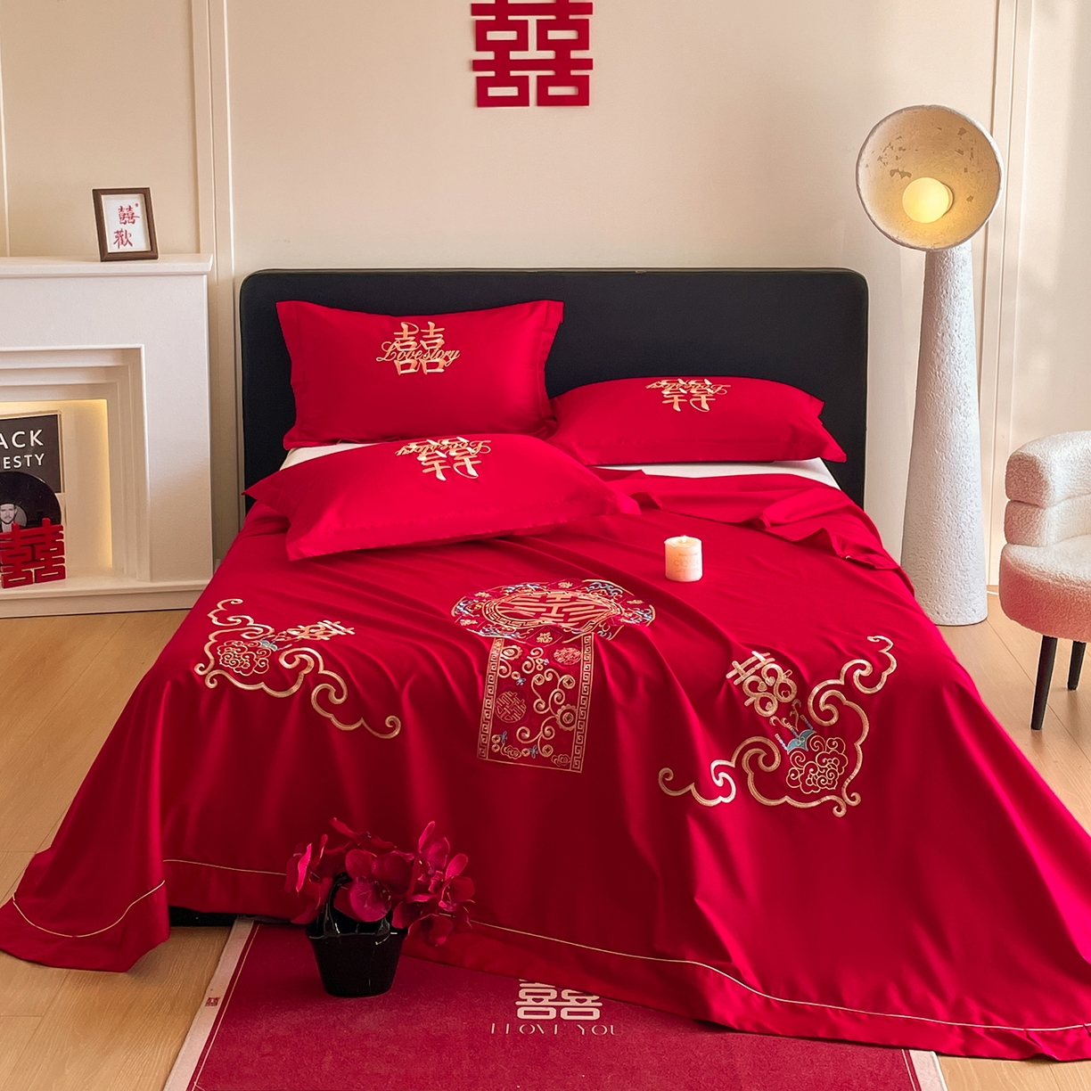 91家纺网 家纺一手货源 找家纺 玉雅家纺 2025新款100支长绒棉刺绣婚庆床单单件绣花三件套 长绒棉床单-如意双喜