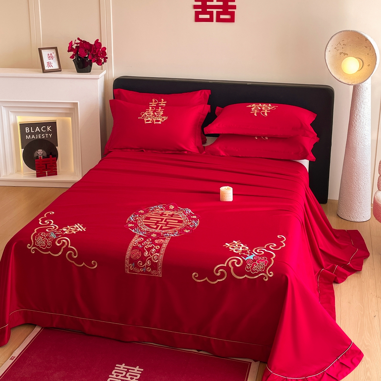 91家纺网 家纺一手货源 找家纺 玉雅家纺 2025新款100支长绒棉刺绣婚庆床单单件绣花三件套 长绒棉床单-如意双喜