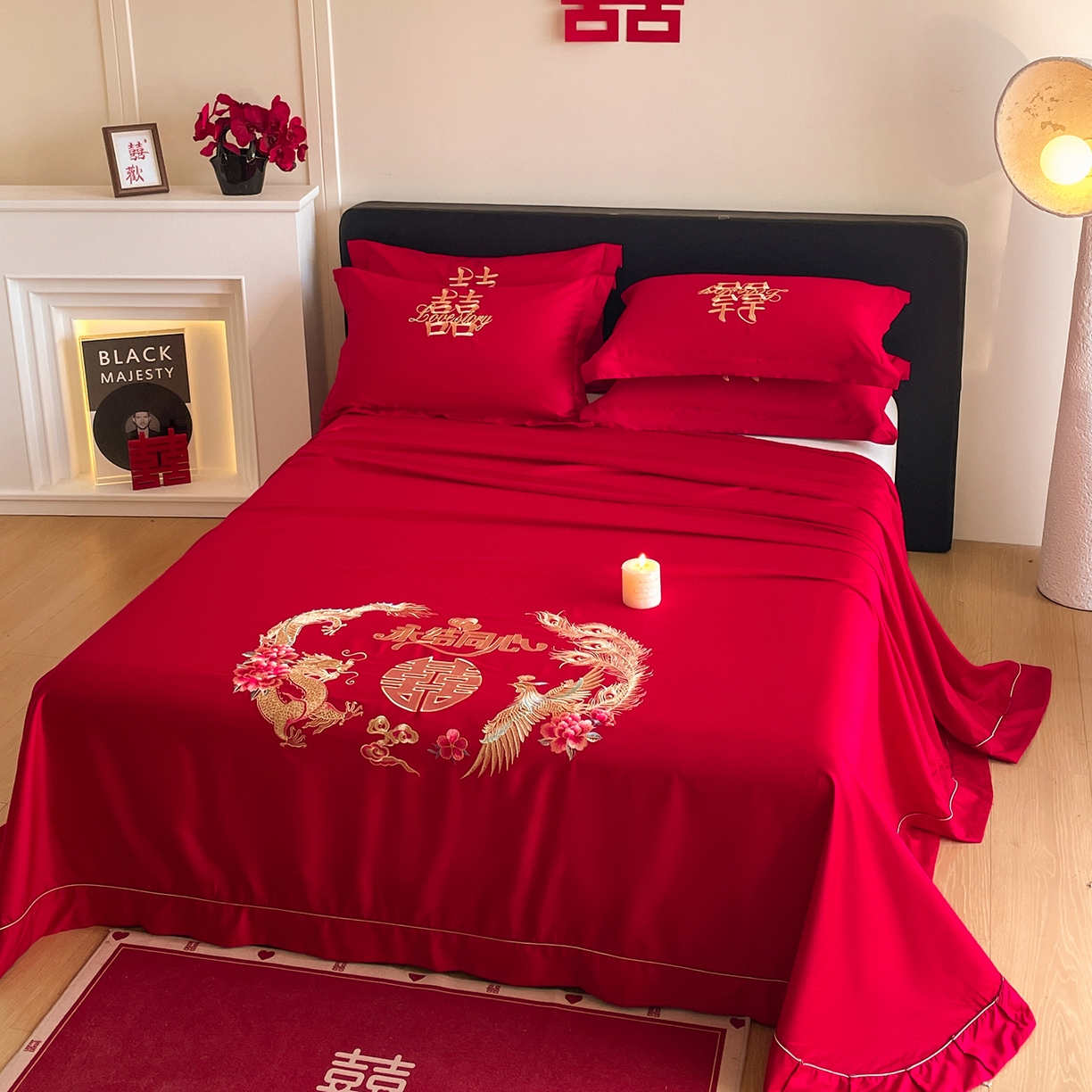 91家纺网 家纺一手货源 找家纺 玉雅家纺 2025新款100支长绒棉刺绣婚庆床单单件绣花三件套 长绒棉床单-永结同心