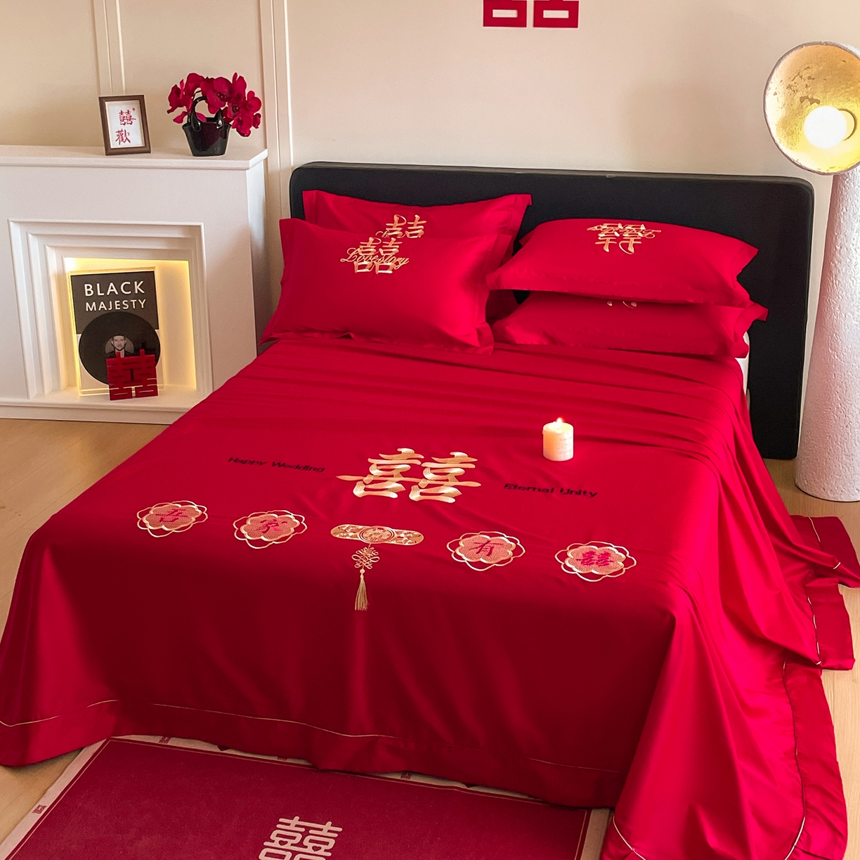 91家纺网 家纺一手货源 找家纺 玉雅家纺 2025新款100支长绒棉刺绣婚庆床单单件绣花三件套 长绒棉床单-喜上加喜