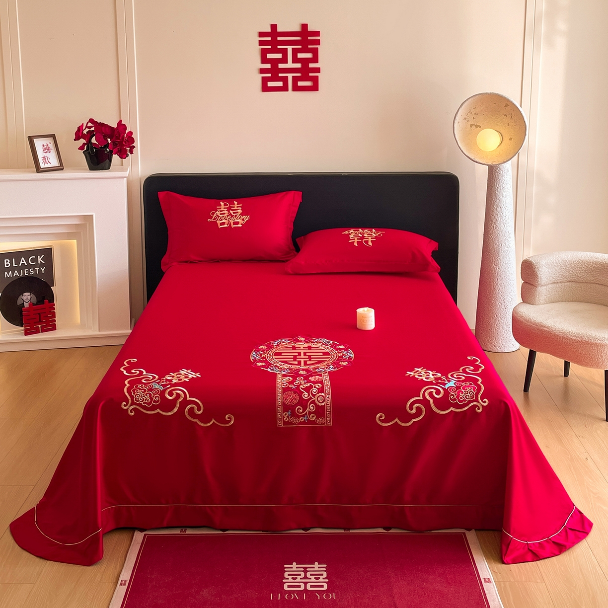 91家纺网 家纺一手货源 找家纺 玉雅家纺 2025新款100支长绒棉刺绣婚庆床单单件绣花三件套 长绒棉床单-如意双喜