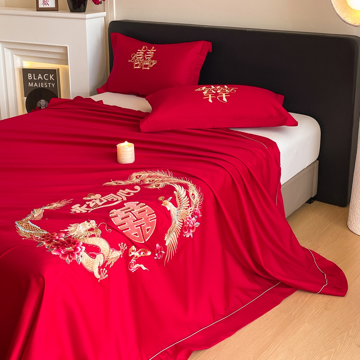 91家纺网 家纺一手货源 找家纺 玉雅家纺 2025新款100支长绒棉刺绣婚庆床单单件绣花三件套 长绒棉床单-永结同心