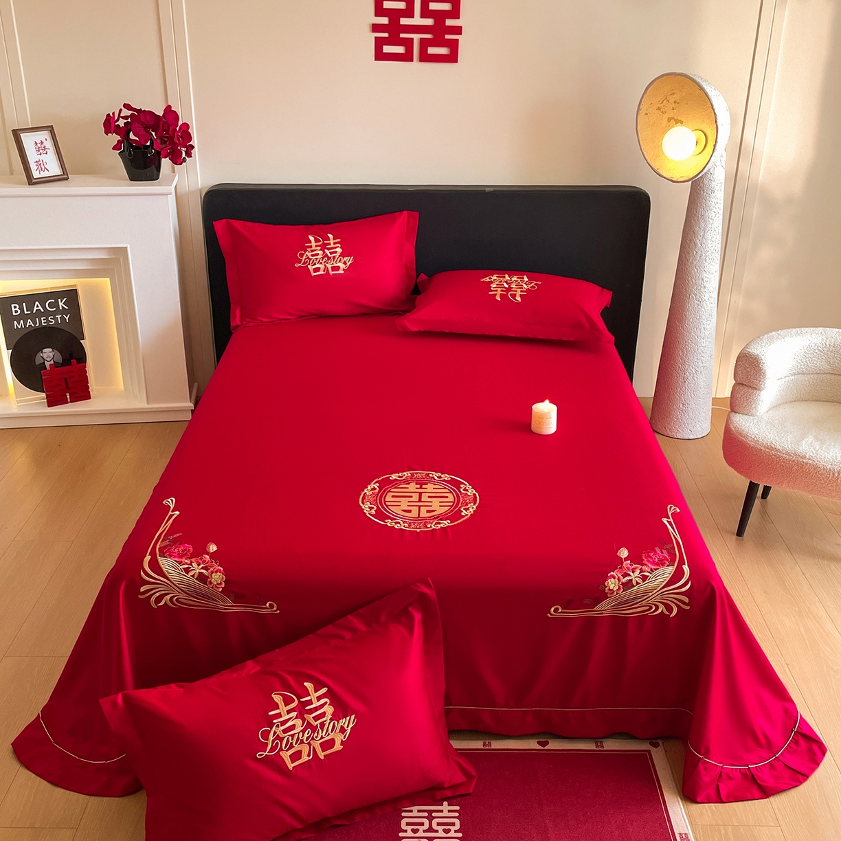 玉雅家纺 2025新款100支长绒棉刺绣婚庆床单单件绣花三件套 长绒棉床单-情定