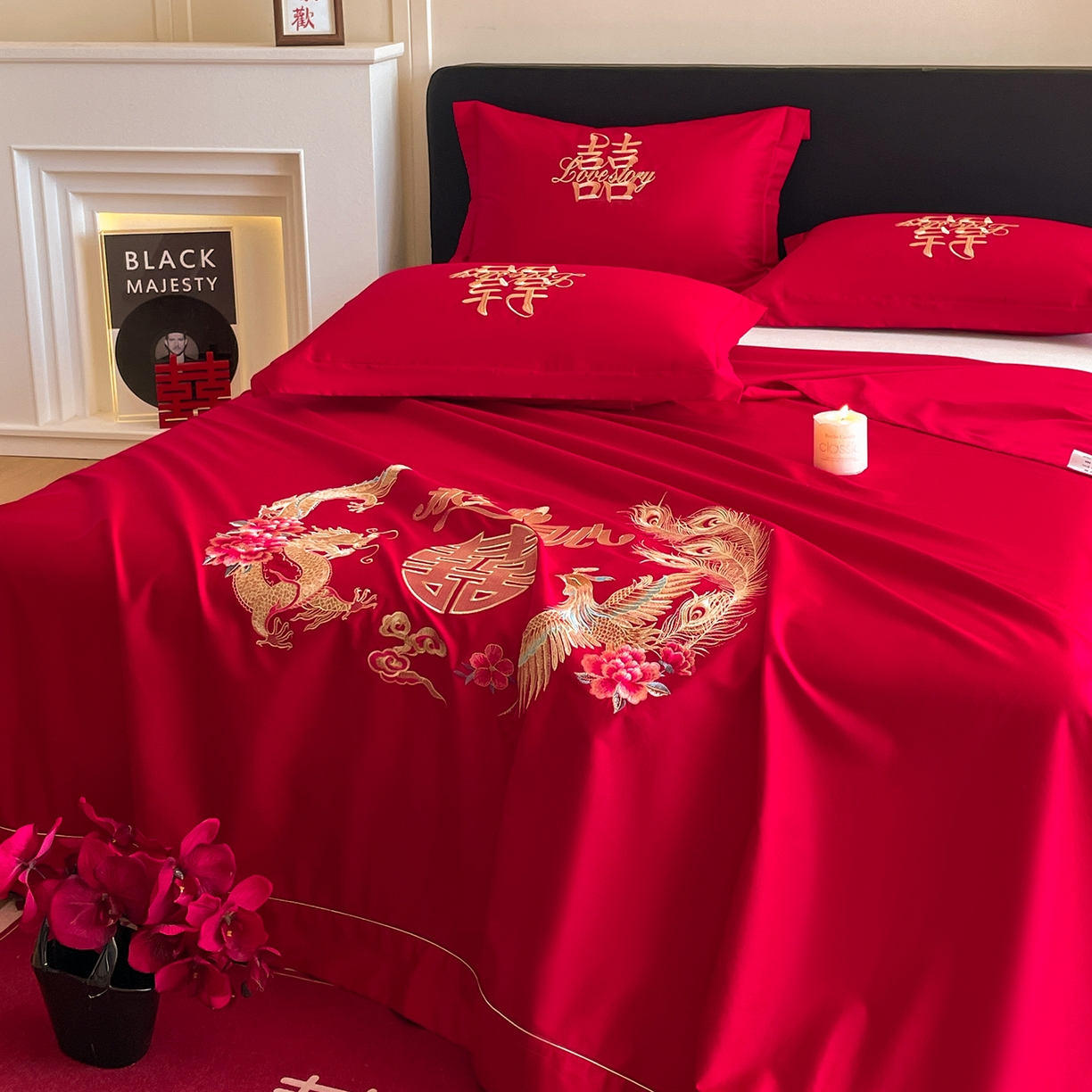 91家纺网 家纺一手货源 找家纺 玉雅家纺 2025新款100支长绒棉刺绣婚庆床单单件绣花三件套 长绒棉床单-永结同心