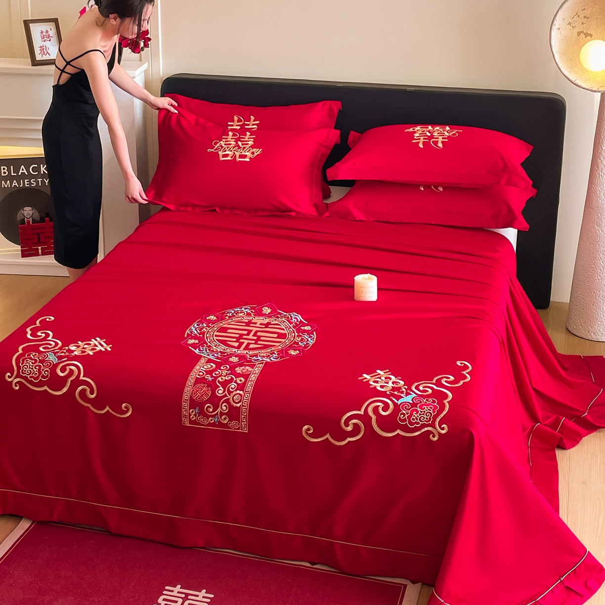 91家纺网 家纺一手货源 找家纺 玉雅家纺 2025新款100支长绒棉刺绣婚庆床单单件绣花三件套 长绒棉床单-如意双喜