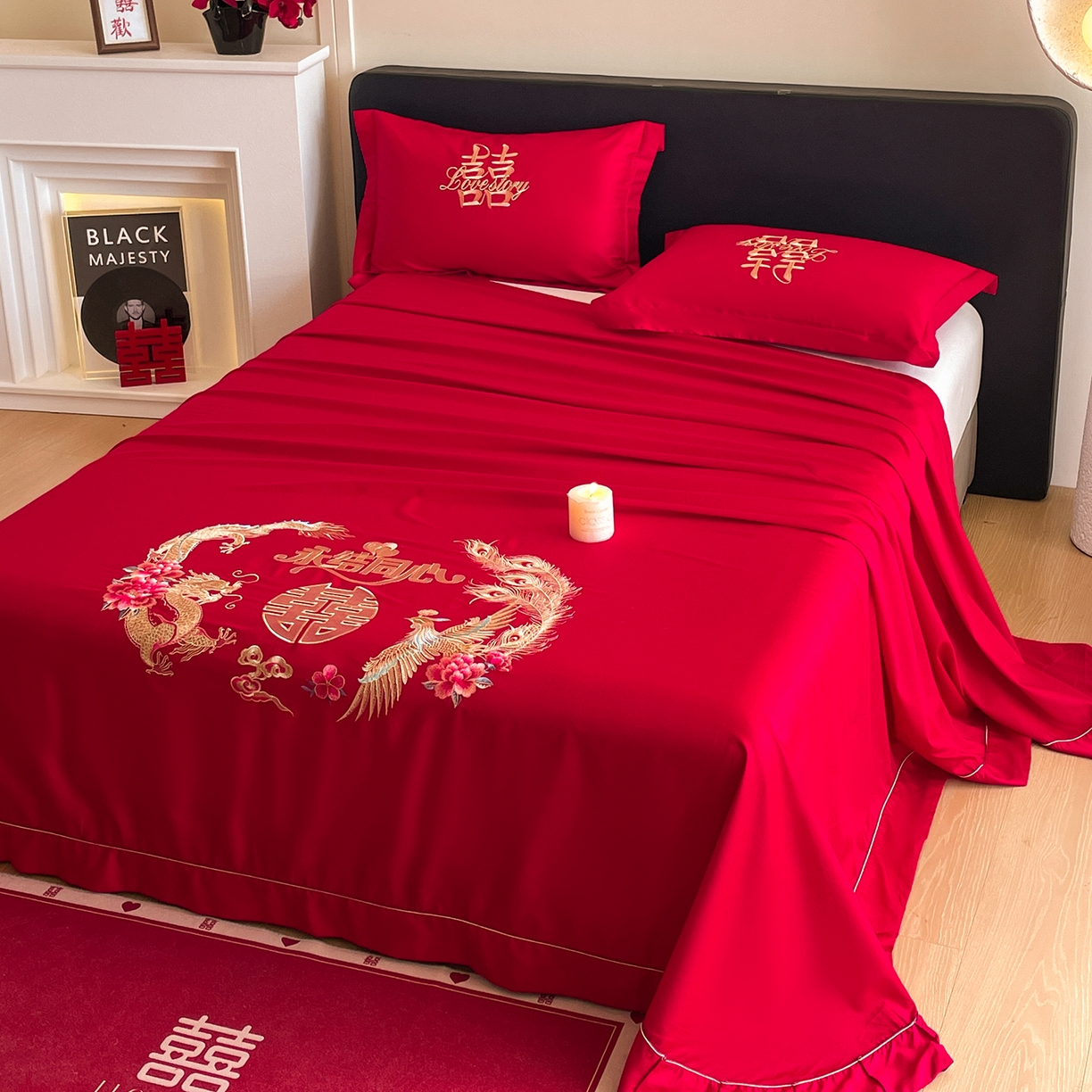 91家纺网 家纺一手货源 找家纺 玉雅家纺 2025新款100支长绒棉刺绣婚庆床单单件绣花三件套 长绒棉床单-永结同心