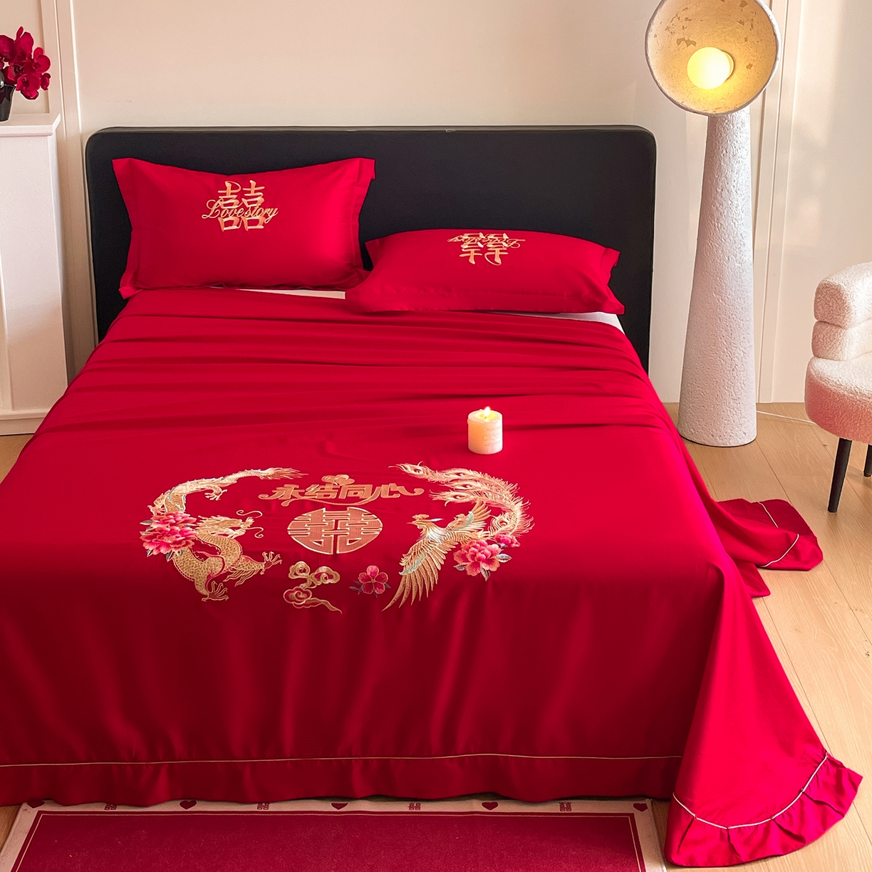 91家纺网 家纺一手货源 找家纺 玉雅家纺 2025新款100支长绒棉刺绣婚庆床单单件绣花三件套 长绒棉床单-永结同心