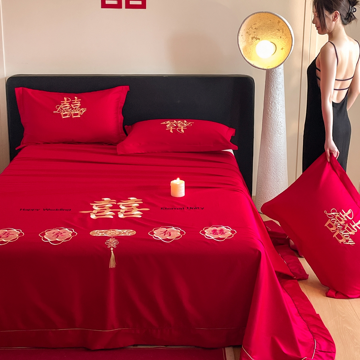 91家纺网 家纺一手货源 找家纺 玉雅家纺 2025新款100支长绒棉刺绣婚庆床单单件绣花三件套 长绒棉床单-喜上加喜