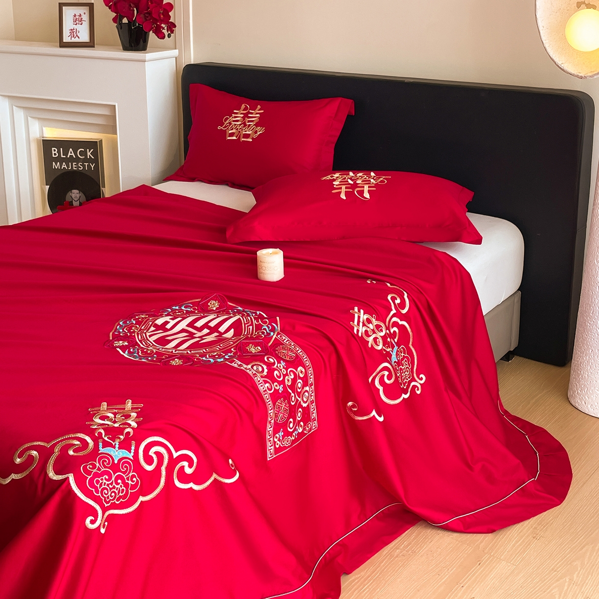 91家纺网 家纺一手货源 找家纺 玉雅家纺 2025新款100支长绒棉刺绣婚庆床单单件绣花三件套 长绒棉床单-如意双喜