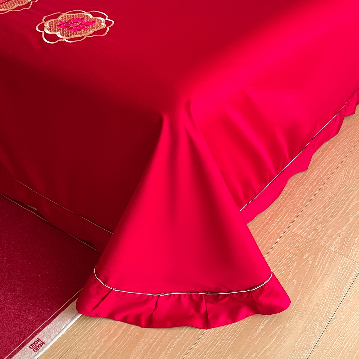 91家纺网 家纺一手货源 找家纺 玉雅家纺 2025新款100支长绒棉刺绣婚庆床单单件绣花三件套 长绒棉床单-喜上加喜