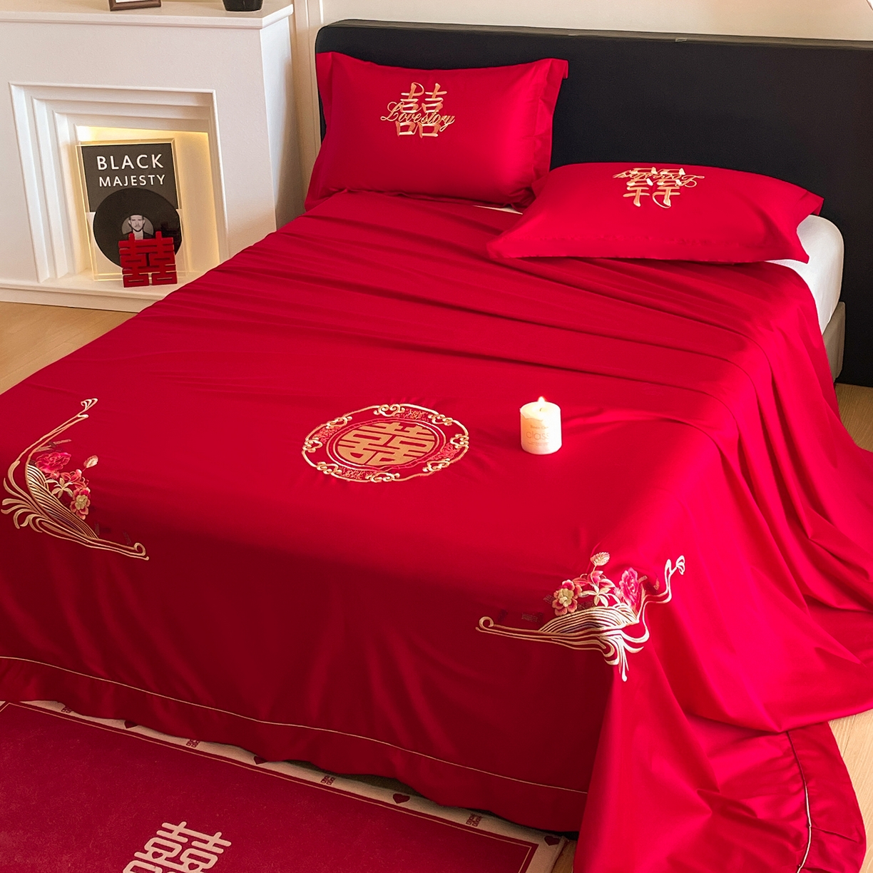 91家纺网 家纺一手货源 找家纺 玉雅家纺 2025新款100支长绒棉刺绣婚庆床单单件绣花三件套 长绒棉床单-情定