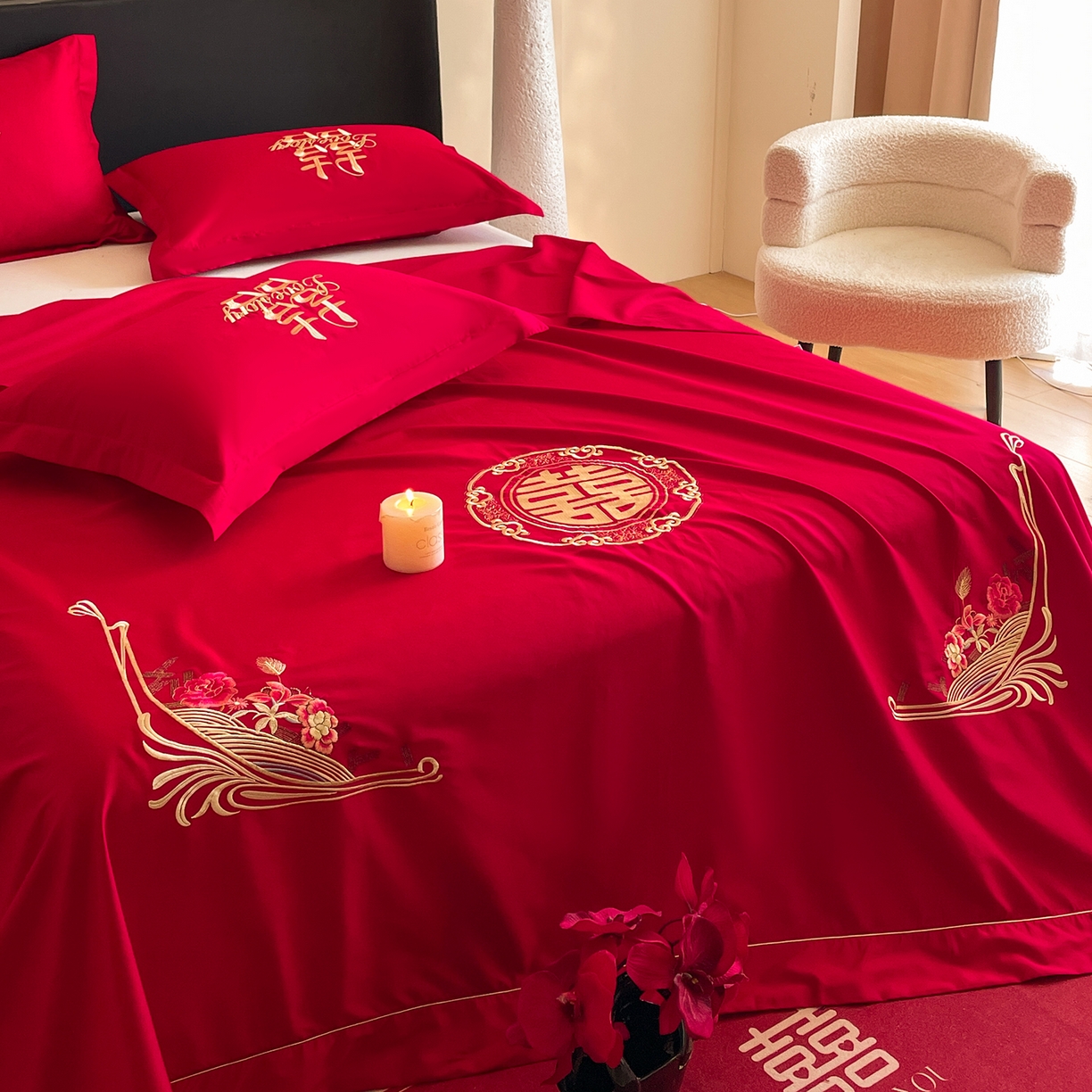 91家纺网 家纺一手货源 找家纺 玉雅家纺 2025新款100支长绒棉刺绣婚庆床单单件绣花三件套 长绒棉床单-情定