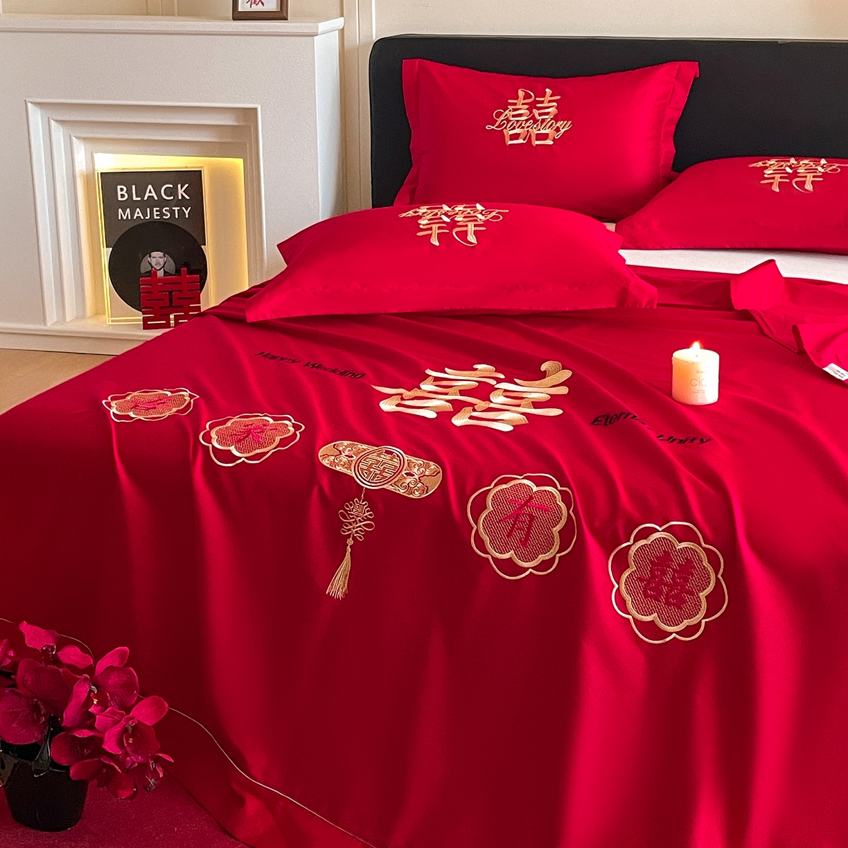 91家纺网 家纺一手货源 找家纺 玉雅家纺 2025新款100支长绒棉刺绣婚庆床单单件绣花三件套 长绒棉床单-喜上加喜