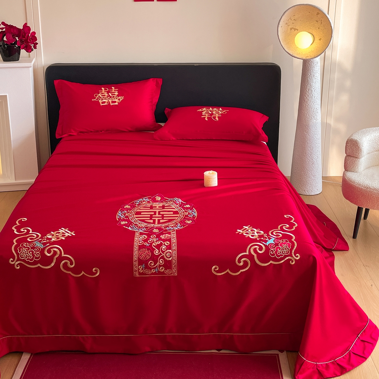 91家纺网 家纺一手货源 找家纺 玉雅家纺 2025新款100支长绒棉刺绣婚庆床单单件绣花三件套 长绒棉床单-如意双喜