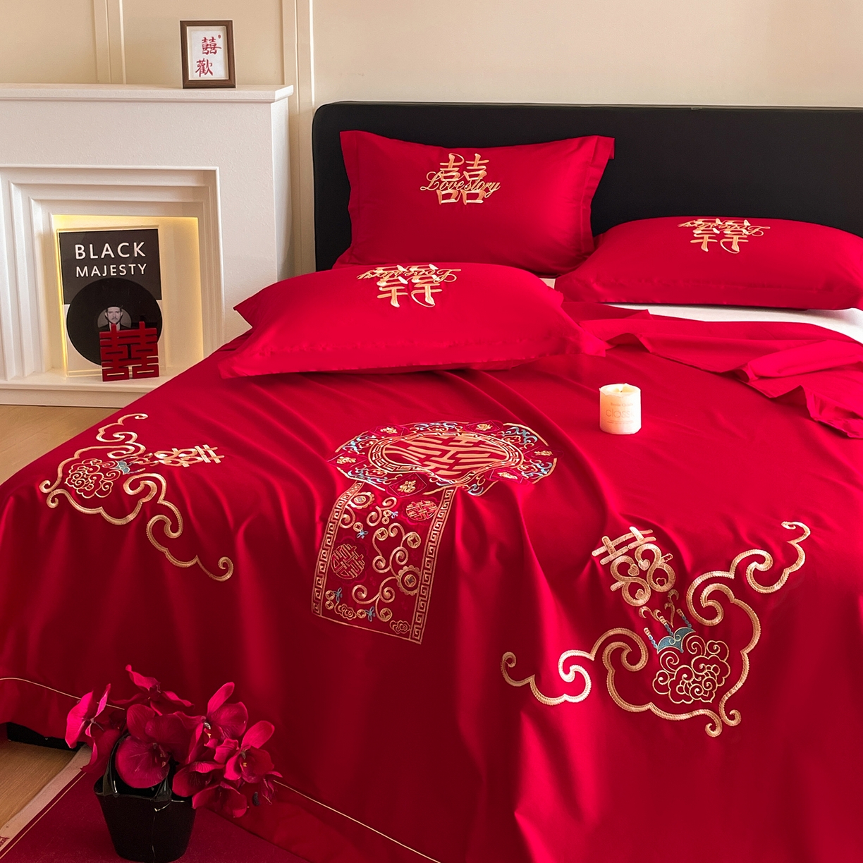 91家纺网 家纺一手货源 找家纺 玉雅家纺 2025新款100支长绒棉刺绣婚庆床单单件绣花三件套 长绒棉床单-如意双喜