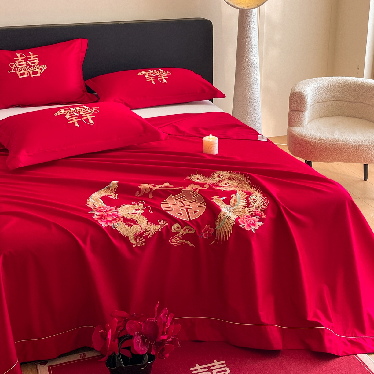 91家纺网 家纺一手货源 找家纺 玉雅家纺 2025新款100支长绒棉刺绣婚庆床单单件绣花三件套 长绒棉床单-永结同心