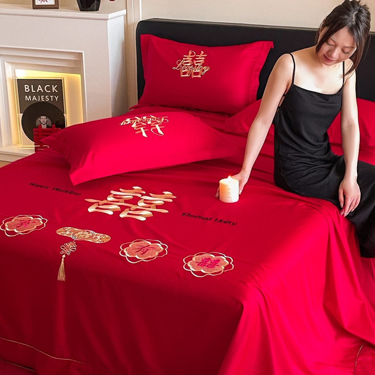 91家纺网 家纺一手货源 找家纺 玉雅家纺 2025新款100支长绒棉刺绣婚庆床单单件绣花三件套 长绒棉床单-喜上加喜