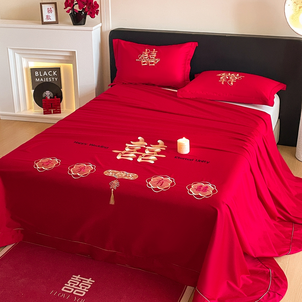 91家纺网 家纺一手货源 找家纺 玉雅家纺 2025新款100支长绒棉刺绣婚庆床单单件绣花三件套 长绒棉床单-喜上加喜