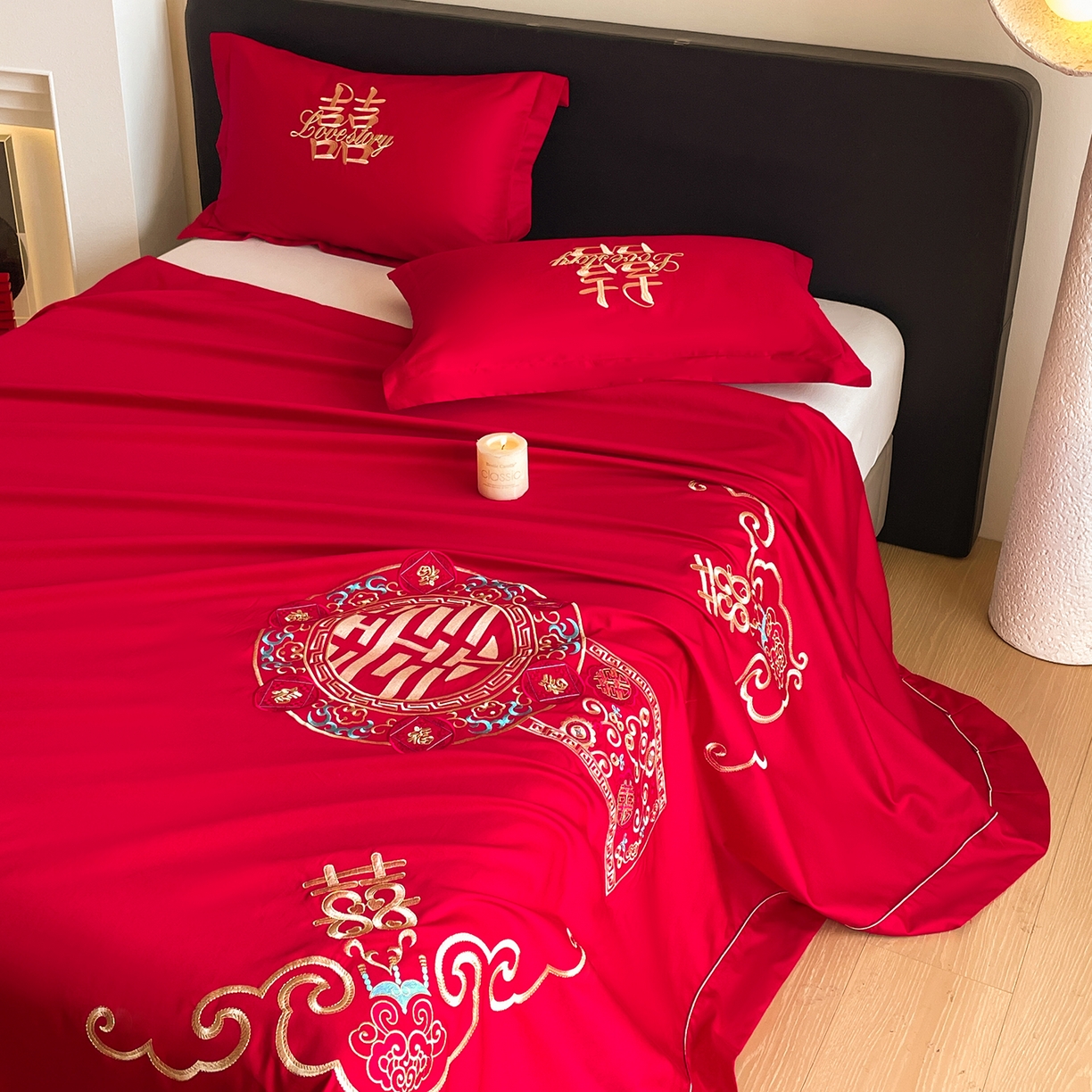 91家纺网 家纺一手货源 找家纺 玉雅家纺 2025新款100支长绒棉刺绣婚庆床单单件绣花三件套 长绒棉床单-如意双喜