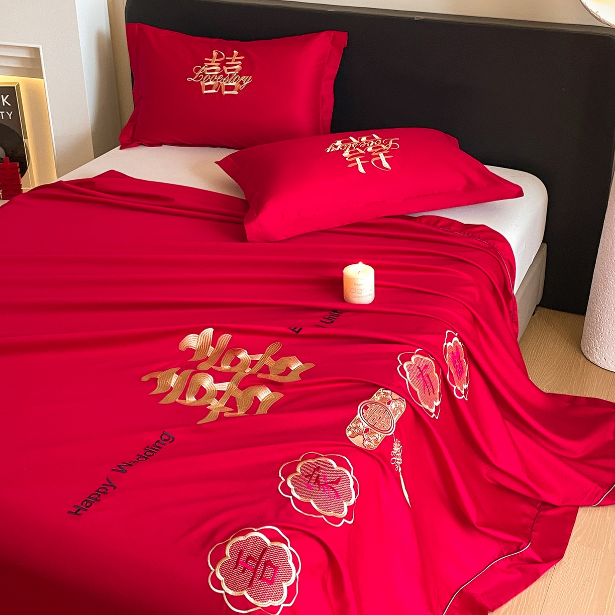 91家纺网 家纺一手货源 找家纺 玉雅家纺 2025新款100支长绒棉刺绣婚庆床单单件绣花三件套 长绒棉床单-喜上加喜