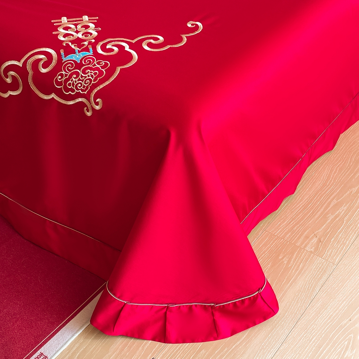 91家纺网 家纺一手货源 找家纺 玉雅家纺 2025新款100支长绒棉刺绣婚庆床单单件绣花三件套 长绒棉床单-如意双喜