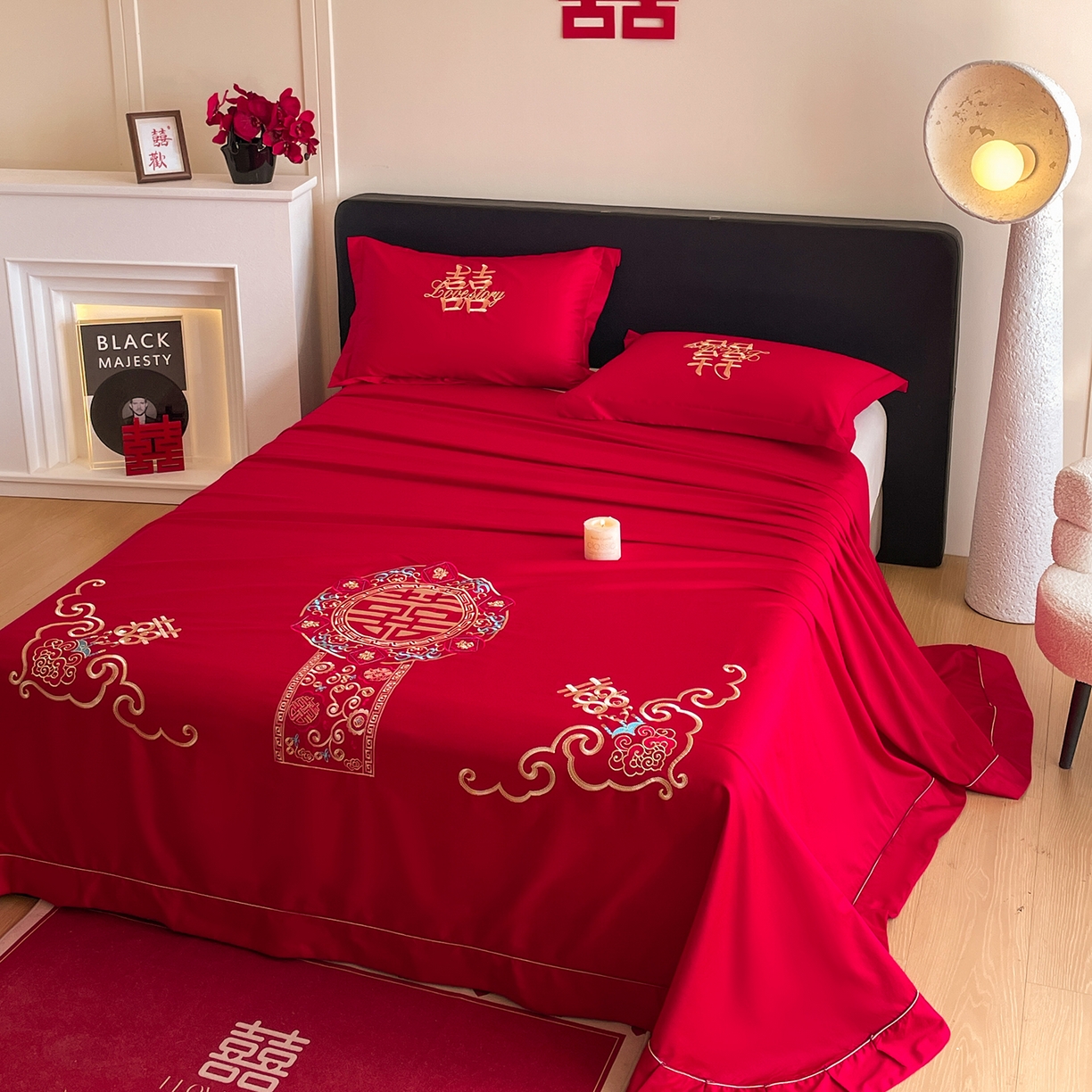 91家纺网 家纺一手货源 找家纺 玉雅家纺 2025新款100支长绒棉刺绣婚庆床单单件绣花三件套 长绒棉床单-如意双喜