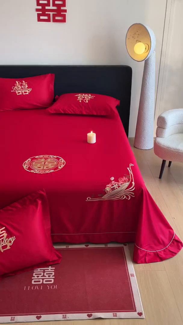 91家纺网 家纺一手货源 找家纺 （总）玉雅家纺 2025新款100支长绒棉刺绣婚庆床单单件绣花三件套