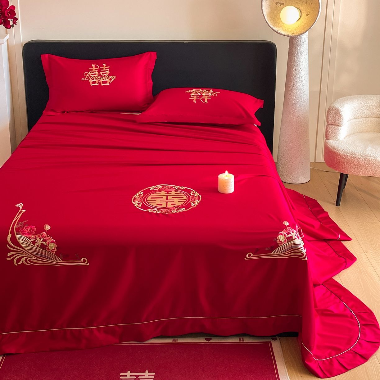 91家纺网 家纺一手货源 找家纺 玉雅家纺 2025新款100支长绒棉刺绣婚庆床单单件绣花三件套 长绒棉床单-情定